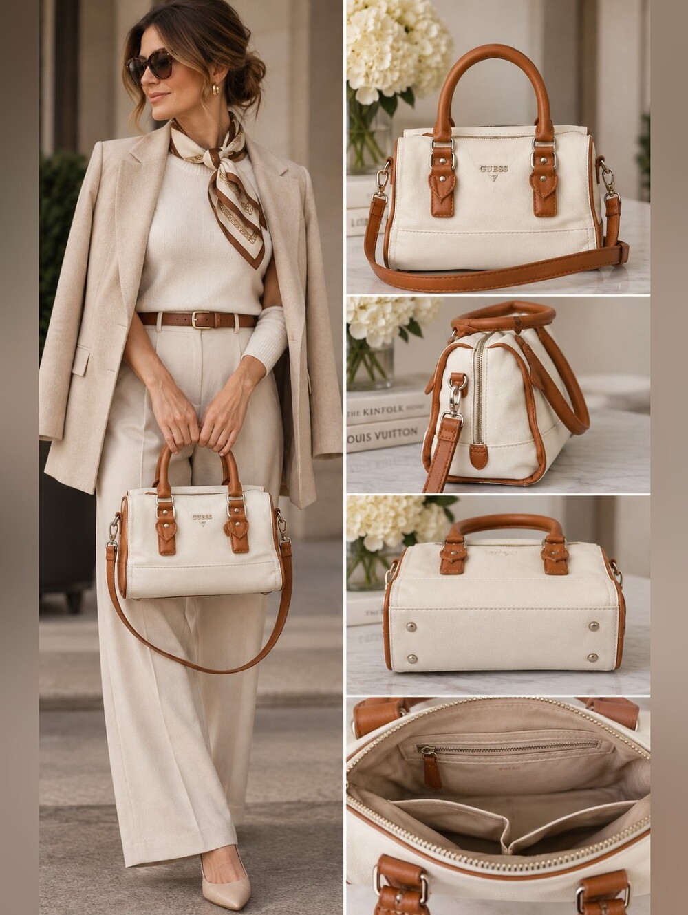 GUESS Cream Ivory Satchel Crossbody Bag Tan Trim Adjustable Strap PU